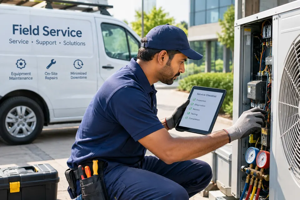 Technician using a tablet checklist while servicing commercial equipment