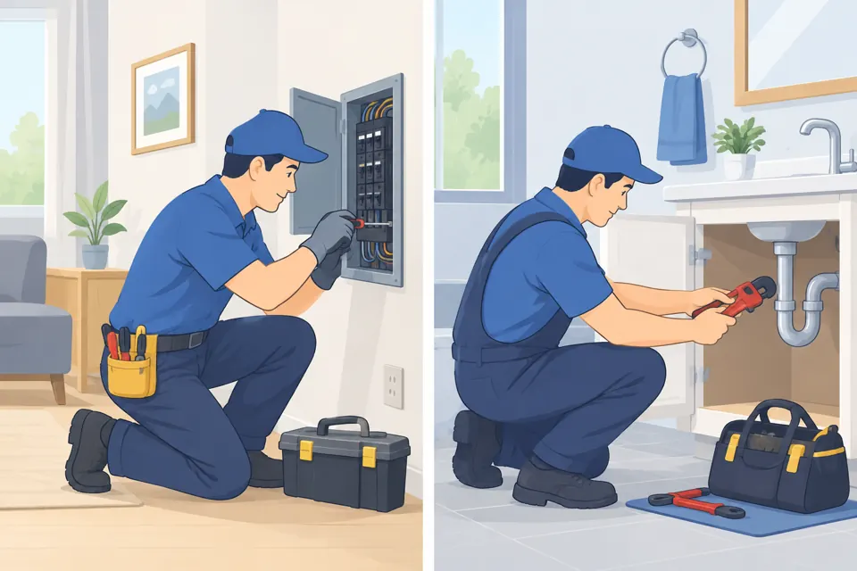 An electrician at a breaker panel and a plumber under a sink