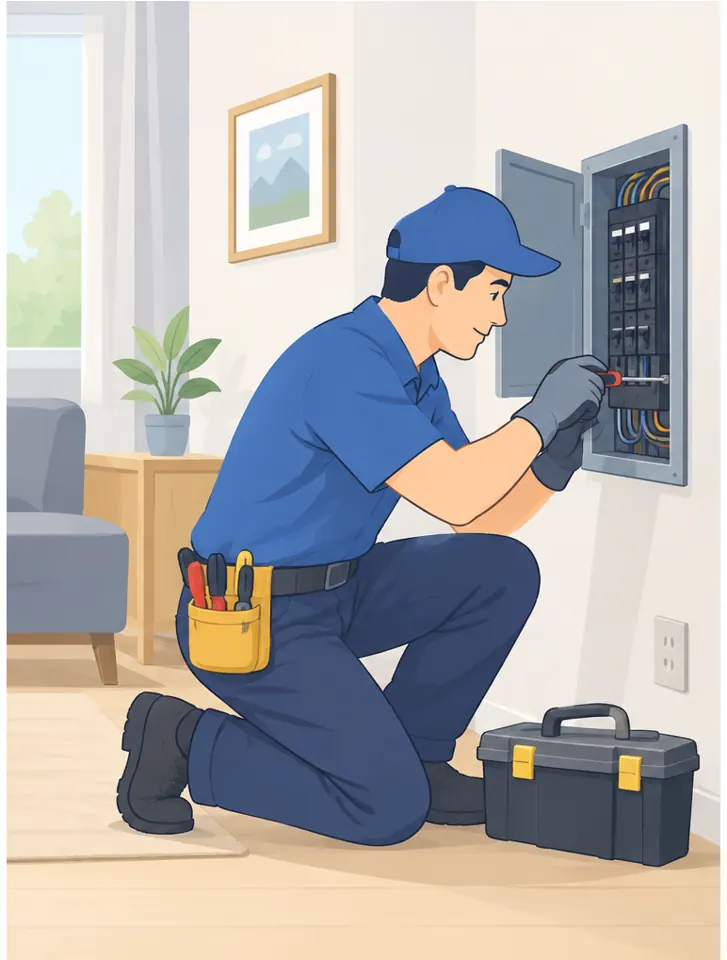 Electrician working on a residential breaker panel