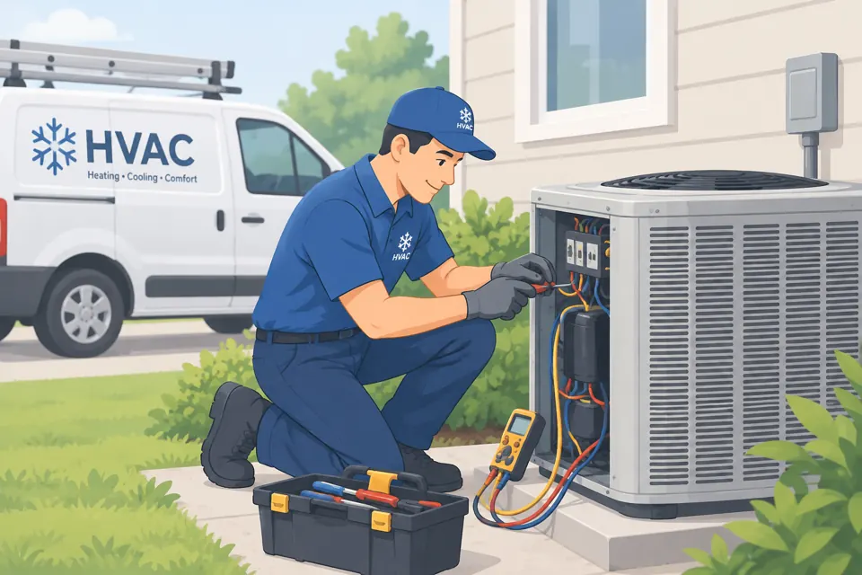 HVAC technician testing an outdoor air conditioning unit with a multimeter
