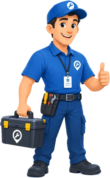Field Service mascot, a smiling technician with a toolbox giving a thumbs up