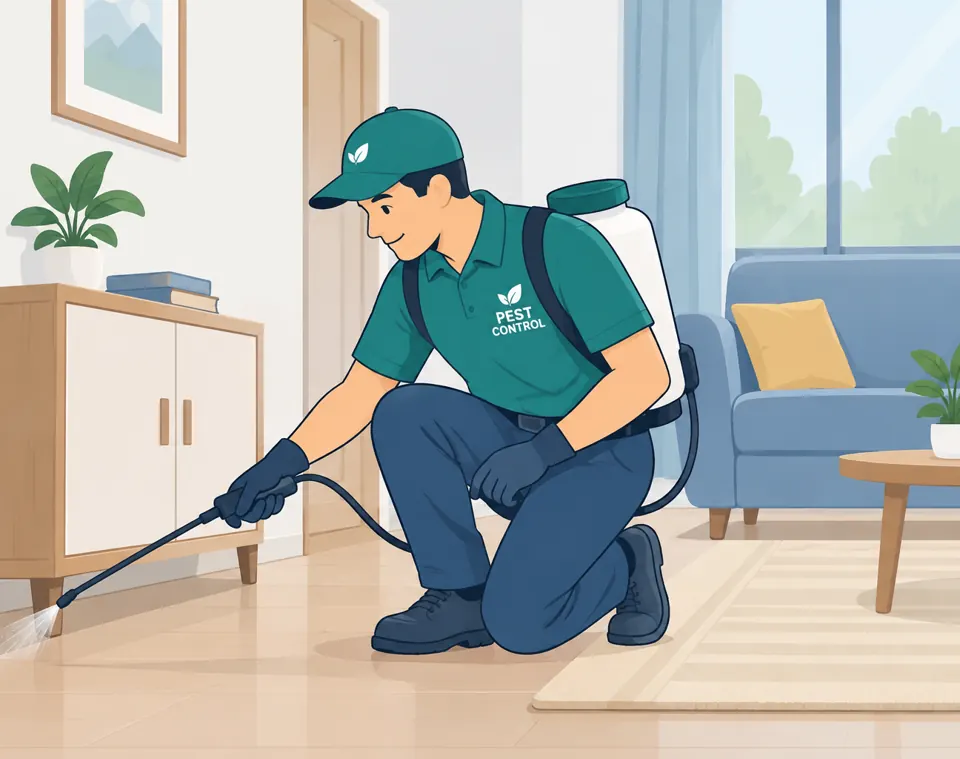 Pest control technician treating a baseboard in a living room
