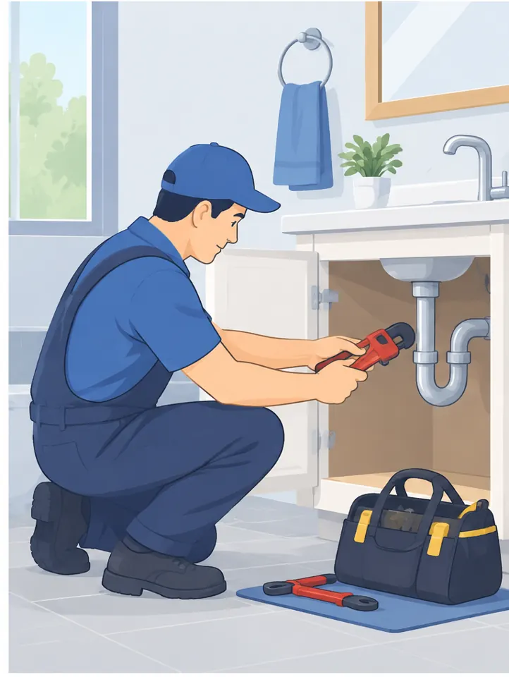 Plumber fixing a sink drain with a pipe wrench