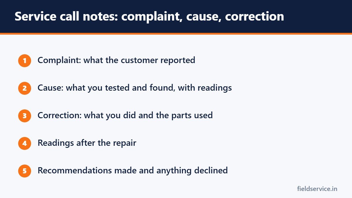 Service call notes: complaint, cause, correction