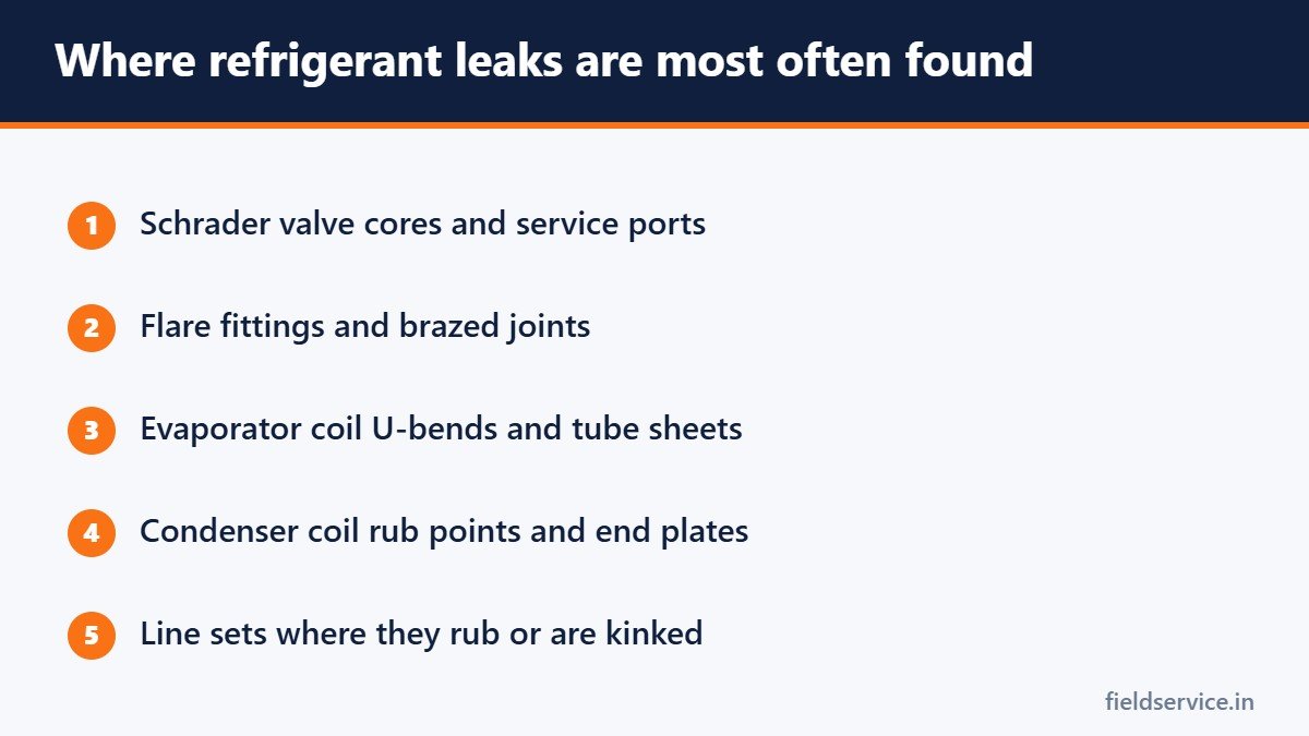 Where refrigerant leaks are most often found